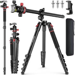 CAMBOFOTO 68" Camera Tripod, Overhead Tripod Horizontal, Detachable Monopod | Tripod for Camera with Metal Ball Head & Spiked feet, Macro & Overhead Shooting, 1/4" Arca QR Plate, 33lb Load Capacity in Kuwait