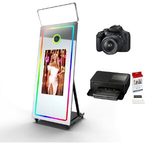 Magic Mirror Photo Booth, 65’’ Mirror Photo Booth, 43’’ Interactive Touch Screen, Built-in Mini PC with Instant Print and Sharing(with Camera and Mini Printer)-White in Kuwait