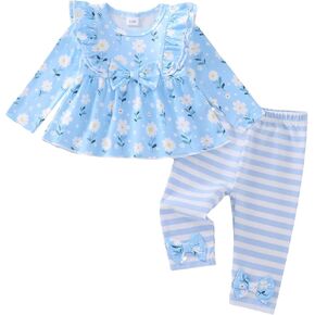 Baby Girl Clothes Infant Toddler Girl Fall Outfits Floral Pants Set 3M-3T | Fall Winter Clothes, Ruffle Bow Shirts, Stripe Pants, Cute Clothing Set, 2 Piece, Long Sleeve, Home, Outdoor, Gifts, Soft in Kuwait