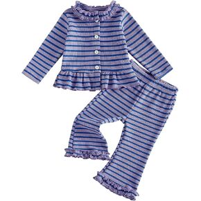 WZTYYDS Toddler Baby Girl Fall Clothes Ruffle Tops Flared Pants Set | Waffle Knit, Striped, Long Sleeve Button Down Shirt, Bell Bottoms, 6M, 12M ,18M, 2T, 3T, 4T, Little Kids, 2Pcs Outfit in Saudi Arabia