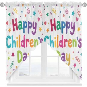 Happy Children's Day Swag Curtains Valance For Kitchen Windows, Modern Ribbons Stars Love Hearts Wide Rod Pocket Curtain Drapes, Bathroom Cafe Living Room Light Filtering Drapery Panels, 72"W x 63"H in Kuwait