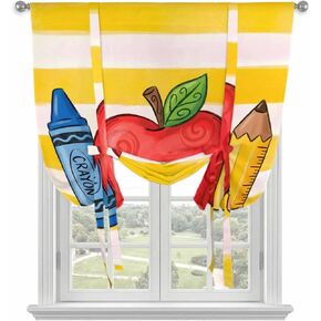 Tie Up Curtains for Kitchen Windows,Adjustable Rod Pocket Children's Day Valance 63 Inch Long, Funny Cartoon Pencil Yellow Striped Window Treatment Balloon Roman Blind Shade, 42" x 63" in Kuwait