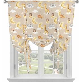 Cartoon Animals Tie Up Curtains for Kitchen Bedroom Living Room Windows, Cute Giraffe Elephant Lions Owl Yellow Moon Adjustable Tie-Up Shade Rod Pocket Curtain Valance Drape 1 Panel, 42"x45" in Kuwait