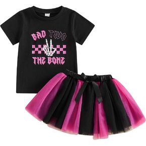 Bagilaanoe Toddler Baby Girl 2nd Birthday Outfit Bad Two The Bone Short Sleeve T-Shirt Purple Black Mesh Tulle Skirt Set in Kuwait