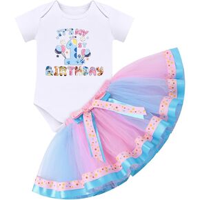 BTOM CASTLE Baby Girls 1st 2nd Birthday Outfits Romper Dog Ears Hair Clips | Color Block Short Sleeve Tutu Romper with Soft Cotton Lining,Perfect for Birthday Parties and Cake Smash Photoshoots in Kuwait