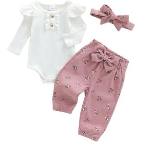 Hnyenmcko Newborn Baby Girl Clothes Ruffle Romper Floral Pants Headband Set | Rib Knit Romper, Floral Jogger Pants with Cute Headband, Coming Home Outfit, 3 Piece Fall Winter Outfit, 0 3 6 9 12 Months in Kuwait