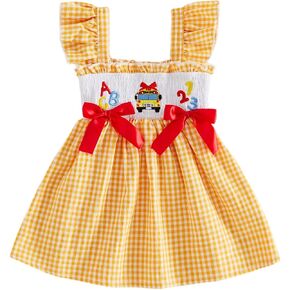 Toddler Baby Girls Halloween Outfit Pumpkin Smocked Plaid Dress | Toddler Baby Girl Halloween Outfit Pumpkin Sleeveless Dress Fly Sleeve Smocked Dresses Cute Girls Fall Clothes in Kuwait
