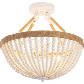 Wood Beaded Mini Chandelier Farmhouse Bohemia Semi Flush Mount Ceiling Light Rustic 3-Light Ceiling Lighting Fixtures for Bedroom Dining Nursery Room Girl Room Hallway, White, Dia 15 Inch in Kuwait