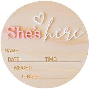 Baby Birth Announcement Sign, ​5.9 Inch Wooden She's Here Newborn Gender Reveal Signs Decoration, Acrylic Hospital Birth Announcement Sign, Newborn Photo Shoot Props,Welcome Newborn Arrival To World in Kuwait