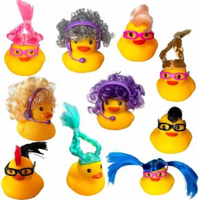 Rubber Duck Set with Wigs and Glasses, Colorful Hair Styles, Bath Toy Collection, Party Favor Decoration, 10 Pack Random in Kuwait