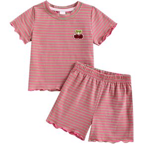 Toddler Baby Girl Summer Clothes Striped Lettuce Trim Short Sleeve T-Shirt & Shorts Girls Summer Outfits for 6M-4Y in Saudi Arabia