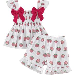 fyclemt Toddler Baby Girl Summer Clothes Bow Strawberry Embroidery Ruffle Sleeve Smocked Tank Plaid Shorts Set Summer Outfit in Saudi Arabia