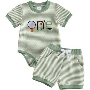 First Birthday Outfit Boy Hole In One Golf Themed 1st Birthday Romper and Shorts Set Waffle Knit Striped Clothes in Kuwait