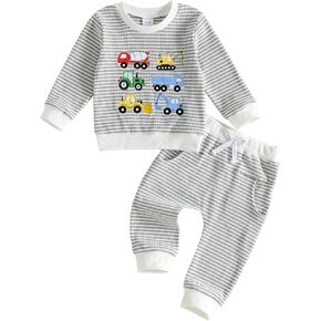 Toddler Baby Boy Fall Winter Clothes Waffle Sweatshirt Pants Sets | Cute Truck Embroidery Long Sleeve Crew Neck Outfits 6 12 18 24Month 2T 3T 4T Boy Clothes in Saudi Arabia