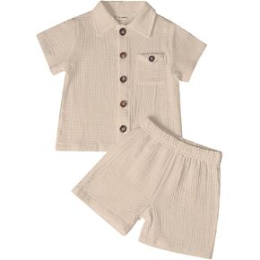 Baby Boy Summer Clothes 2 Piece Cotton Shirt and Shorts Set Toddlers | Button Front Short Sleeve Shirt, Elastic Waist Shorts with Pocket, Lightweight Set for Daily Wear and Travel in Saudi Arabia