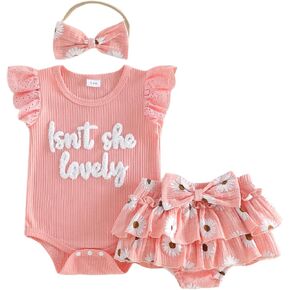 Newborn Baby Girl Summer Clothes Isn't She Lovely Shorts Set Short Sleeve Ribbed Romper with Floral Shorts Hairband in Saudi Arabia