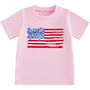 Little Girl T Shirts Fashionable 4th of July American Flag Printed Crew Neck Short Sleeve Patriotic Tops in Kuwait