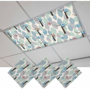 Cute Owl Magnetic Fluorescent Light Covers for Ceiling Lights 2x4 Ft,Farmhouse Cartoon Animal Green Blue Leaves Trees Office Classroom Kitchen Drop Ceiling Light Covers Filters Shade Panel 3 Packs in Kuwait