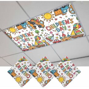 Pink Children's Day Magnetic Fluorescent Light Covers for Ceiling Lights 2x4 Ft,Car Tree Stars Modern Abstract Art Cartoon Office Classroom Kitchen Drop Ceiling Light Covers Filters Shade Panel 2Packs in Kuwait