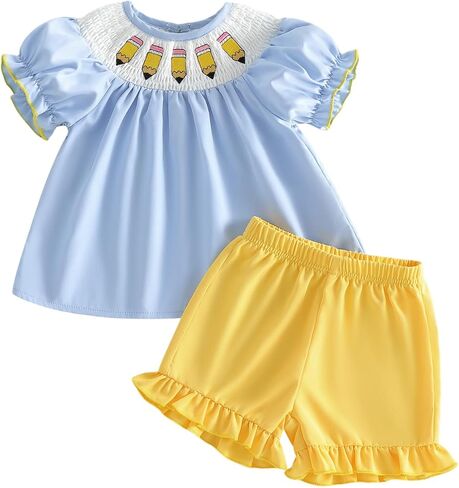 Toddler Girl Back to School Outfit Apple Pencil Smocked Tunic Shirt Ruffle Shorts Set First Day of School Photo 2-6Y in Kuwait