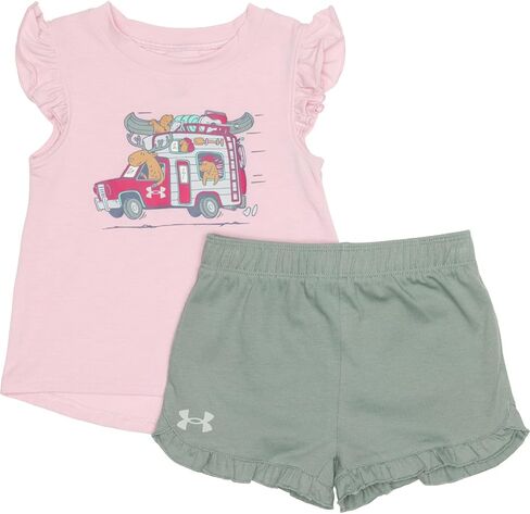 Under Armour Infant Newborn Baby Girls' 2-Piece Short Sleeve Graphic Tee & Shorts Set, Outdoor Collection | Prime Pink Friends | 12 Month (12M) in Kuwait