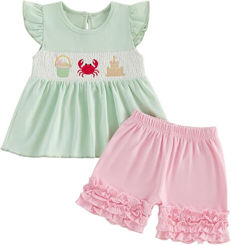 Toddler Baby Girl Outfits Whale Crab Smocked Ruffled Fly Sleeve Tops Shorts 2 Pieces Set Cute Summer Clothes in Kuwait
