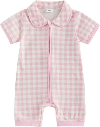BULINGNA Newborn Summer Clothes Baby Boy Girl Coming Home Outfit Short Sleeve Plaid Short Jumpsuit Zip Up Romper in Kuwait
