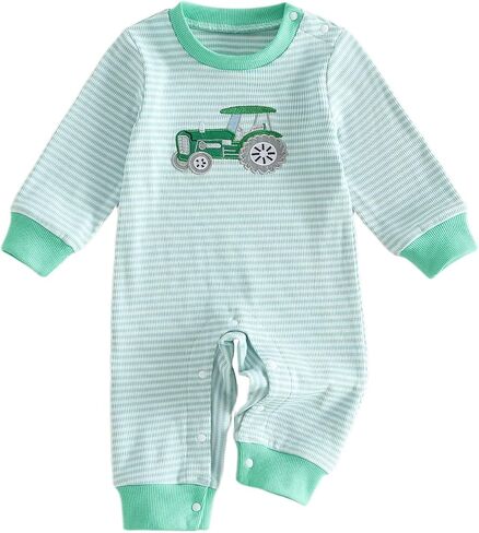 Newborn Baby Boy Fall Outfits Waffle Embroidery One Piece Clothes Crew Neck Infant Long Sleeve Romper Jumpsuit in Kuwait