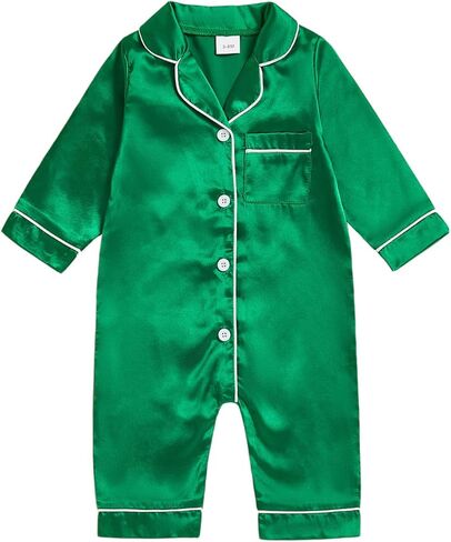 Kupretty Baby Girl Boy Pajamas Romper One-Piece Jumpsuit Silk Satin Button Down Long Sleeve Nightgown Pjs Sleepwear in Kuwait