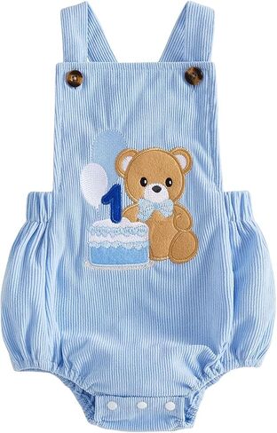 Baby Boy First Birthday Outfit Bear Cake Sleeveless Romper | Corduroy Overalls, Cross Back Straps, Smash Cake Clothes in Kuwait