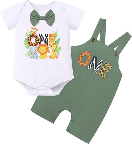 ODASDO First Birthday Outfit Boy, Baby Jungle Safari Theme Cake Smash Set, Zoo Animal Bow Tie Romper with Overalls in Kuwait