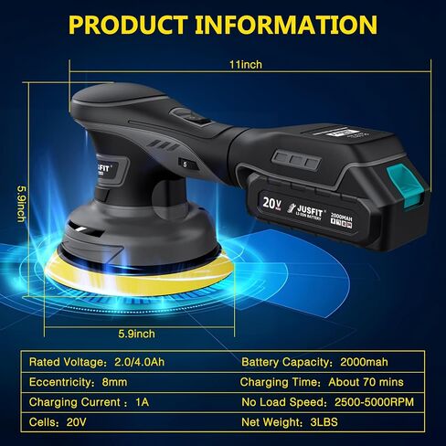 Cordless Car Buffer Polisher Kit, 20V, w/ 2X 2.0Ah & Charger | Brushless motor, dual-action random orbital, 6" backing pad, 6-speed, for car waxing scratch removal polishing in Kuwait
