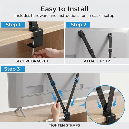 TV Safety Straps for TVs with VESA Holes, No-Drill Desk C-Clamp or Wall Anchor, Adjustable TV Anti Tip Straps for Flat Screen TVs, Fits Desktops up to 55mm Thick, Hardware Included in Kuwait