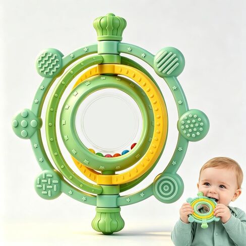 3D Rotatable Rattle Baby Teething Toys for 0-6 6-12 Months | Silicone Baby Teether Sensory Toys for Babies 0-24Months Relief Chew Sore Gums for Newborn Infant Essentials BPA Free in Kuwait