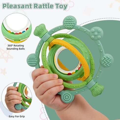 3D Rotatable Rattle Baby Teething Toys for 0-6 6-12 Months | Silicone Baby Teether Sensory Toys for Babies 0-24Months Relief Chew Sore Gums for Newborn Infant Essentials BPA Free in Kuwait