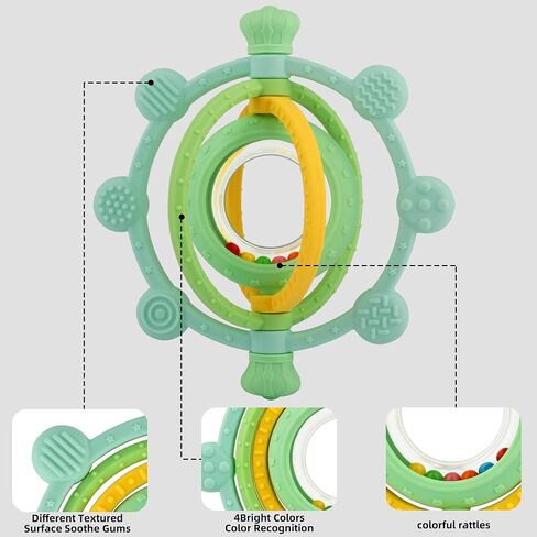 3D Rotatable Rattle Baby Teething Toys for 0-6 6-12 Months | Silicone Baby Teether Sensory Toys for Babies 0-24Months Relief Chew Sore Gums for Newborn Infant Essentials BPA Free in Kuwait