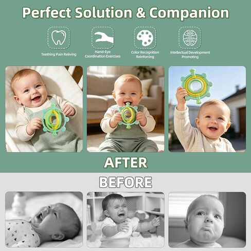 3D Rotatable Rattle Baby Teething Toys for 0-6 6-12 Months | Silicone Baby Teether Sensory Toys for Babies 0-24Months Relief Chew Sore Gums for Newborn Infant Essentials BPA Free in Kuwait