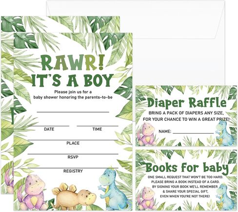 Rawr It's A Boy Baby Shower Invitations - 25 Cute Dinosaurs Greenery Invites with Envelopes, Diaper Raffle Tickets, Book Request Cards, Party Decorations Supplies Favors -10 in Kuwait