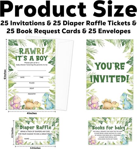 Rawr It's A Boy Baby Shower Invitations - 25 Cute Dinosaurs Greenery Invites with Envelopes, Diaper Raffle Tickets, Book Request Cards, Party Decorations Supplies Favors -10 in Kuwait
