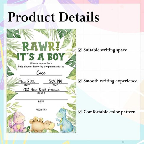 Rawr It's A Boy Baby Shower Invitations - 25 Cute Dinosaurs Greenery Invites with Envelopes, Diaper Raffle Tickets, Book Request Cards, Party Decorations Supplies Favors -10 in Kuwait