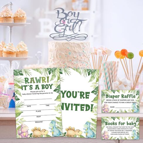 Rawr It's A Boy Baby Shower Invitations - 25 Cute Dinosaurs Greenery Invites with Envelopes, Diaper Raffle Tickets, Book Request Cards, Party Decorations Supplies Favors -10 in Kuwait