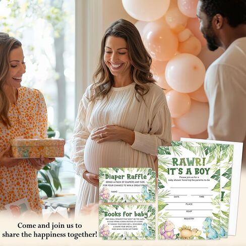 Rawr It's A Boy Baby Shower Invitations - 25 Cute Dinosaurs Greenery Invites with Envelopes, Diaper Raffle Tickets, Book Request Cards, Party Decorations Supplies Favors -10 in Kuwait