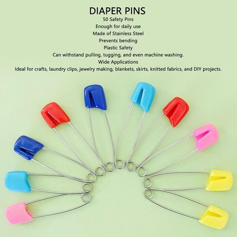 Hilitand 50 Pcs Diaper Pins, Stainless Steel Plastic Head Baby Safety Pins for Cloth Diapers, with Secure Lock for Crafts Laundry Jewelry Making (Large Size 2.05 Inch) in Kuwait