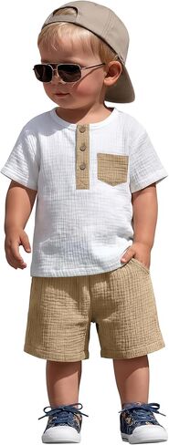 Xaatren Toddler Baby Boy 2 Piece Cotton Outfits 18M-5T Short Sleeve Button Down Shirt Shorts Pockets Summer Henley Casual Set in Kuwait