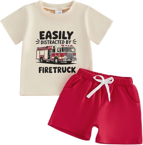 Toddler Baby Boy Fire Truck Short Sleeve T-Shirt Tops Shorts Set Firefighter Outfit 2Pcs Summer Clothes in Kuwait