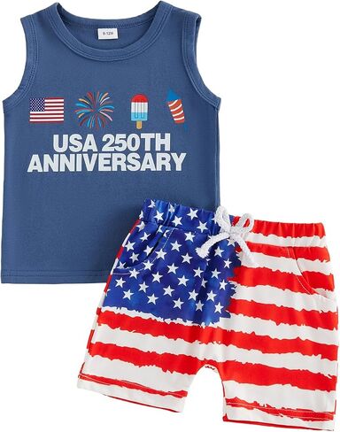 Adobabirl Toddler Baby Boy 4th of July Outfit USA 250th Anniversary Sleeveless Shirt Tank American Flag Shorts Clothes Set in Kuwait