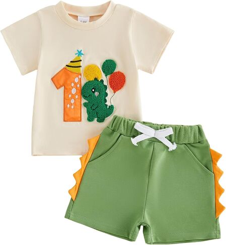 Baby Boy First Birthday T-Shirt Shorts | Dinosaur/Balloon Pattern, Short Sleeve, Smash Cake Clothes, 2Pcs Outfit Set in Kuwait