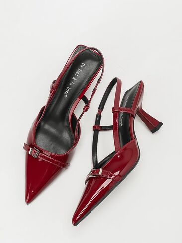 Burgundy Glossy Slingback Heel Sandals, Pointed Toe Adjustable Buckle Heels for Women in Kuwait