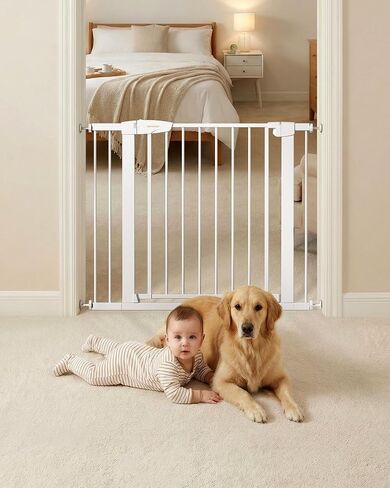 Baby Gate for Stairs, 29.92-48" Wide Pressure Mounted Baby Gate No Drill Needed, Auto Close Dog Gate for Doorways, Easy Walk Through Safety Child Gates for Toddler & Pet/Puppy, Indoor, White in Kuwait