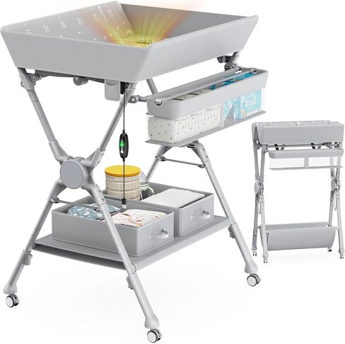 Baby Changing Table, Auto Warmer Portable Folding Changing Table with Wheels, Waterproof Diaper Changing Station with 2 Drawers, Adjustable Height, Baby Changing Station for Infant (0-12Months) in Kuwait